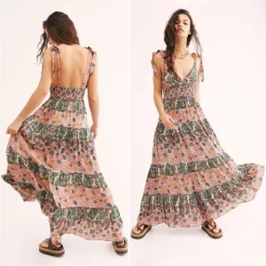 Free People Let’s Smock About It Boho Tiered Mixed Print Maxi Dress Size Small