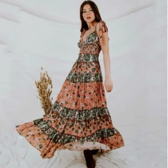 Free People Let’s Smock About It Boho Tiered Mixed Print Maxi Dress Size Small