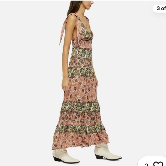 Free People Let’s Smock About It Boho Tiered Mixed Print Maxi Dress Size Small