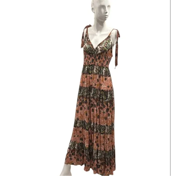 Free People Let’s Smock About It Boho Tiered Mixed Print Maxi Dress Size Small