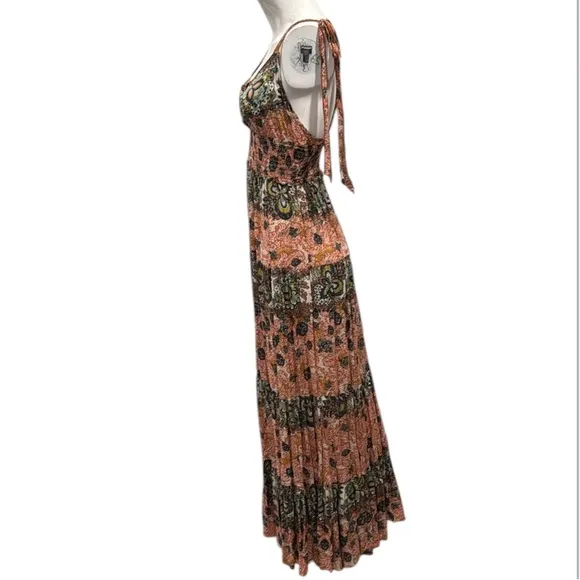 Free People Let’s Smock About It Boho Tiered Mixed Print Maxi Dress Size Small
