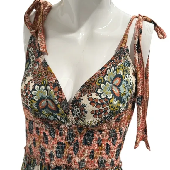 Free People Let’s Smock About It Boho Tiered Mixed Print Maxi Dress Size Small