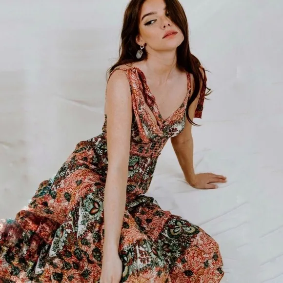 Free People Let’s Smock About It Boho Tiered Mixed Print Maxi Dress Size Small