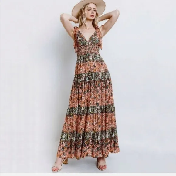 Free People Let’s Smock About It Boho Tiered Mixed Print Maxi Dress Size Small