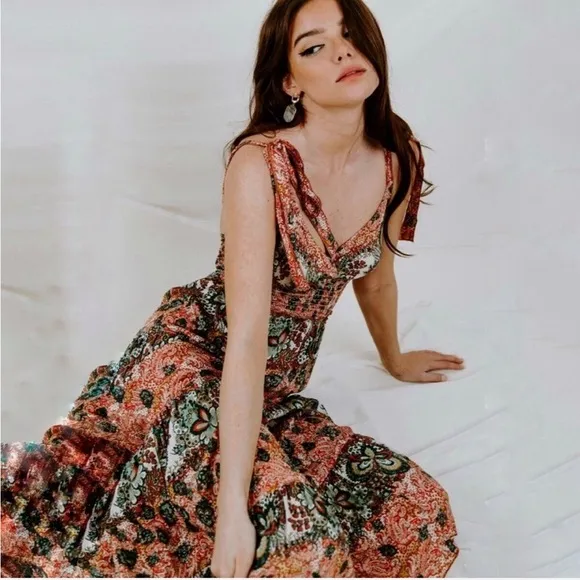 Free People Let’s Smock About It Boho Tiered Mixed Print Maxi Dress Size Small