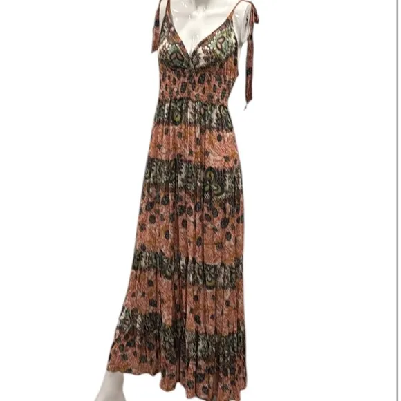 Free People Let’s Smock About It Boho Tiered Mixed Print Maxi Dress Size Small