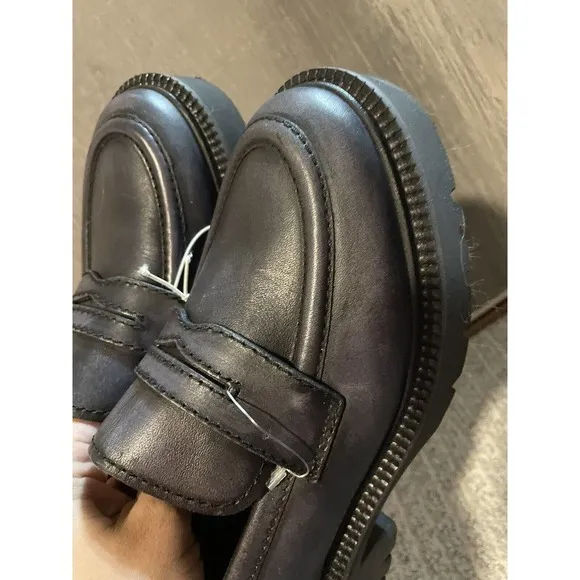 Free People Lyra Women 39 / 9 Black Leather Slip On Casual Penny Loafer Lug Sole