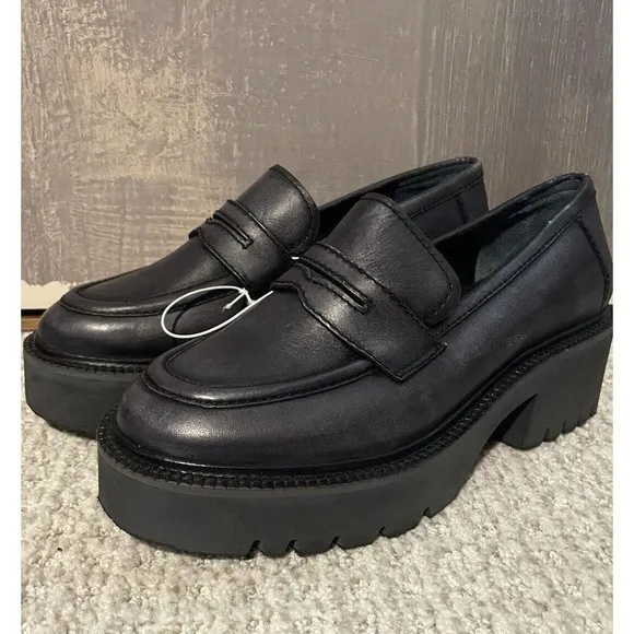 Free People Lyra Women 39 / 9 Black Leather Slip On Casual Penny Loafer Lug Sole