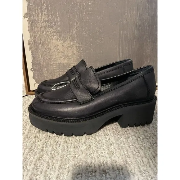 Free People Lyra Women 39 / 9 Black Leather Slip On Casual Penny Loafer Lug Sole