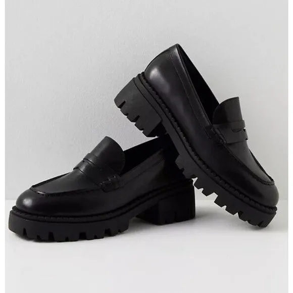 Free People Lyra Women 39 / 9 Black Leather Slip On Casual Penny Loafer Lug Sole