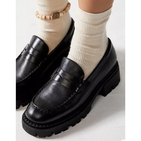 Free People Lyra Women 39 / 9 Black Leather Slip On Casual Penny Loafer Lug Sole
