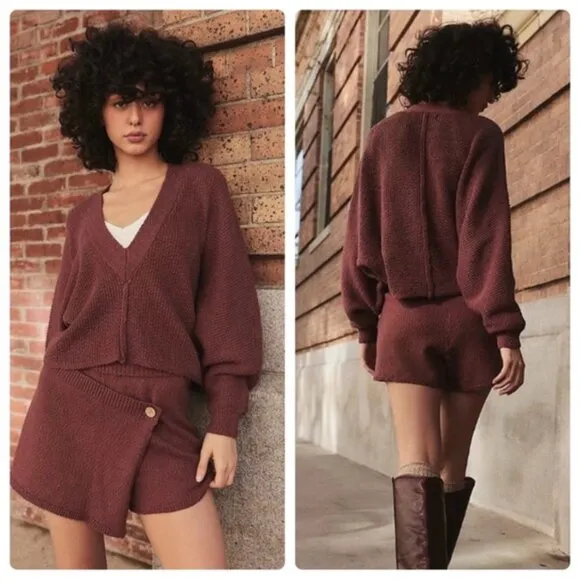Free People Primavera Skort Sweater Set in Dark Brown Medium NWT