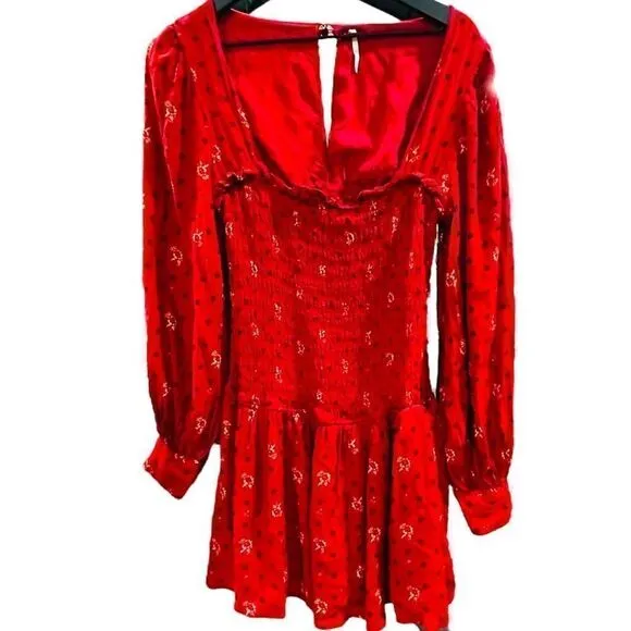 FREE PEOPLE Two Faces Smocked Floral Red Dress Size Small