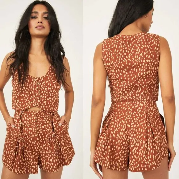 Free People Women's Bennett Vest Top &amp; Shorts Set Size 6 Fawn Combo