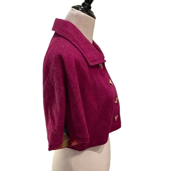 Frippery Women's Collared Magenta Color w/Plaid Lining Capelet w/Funky Buttons
