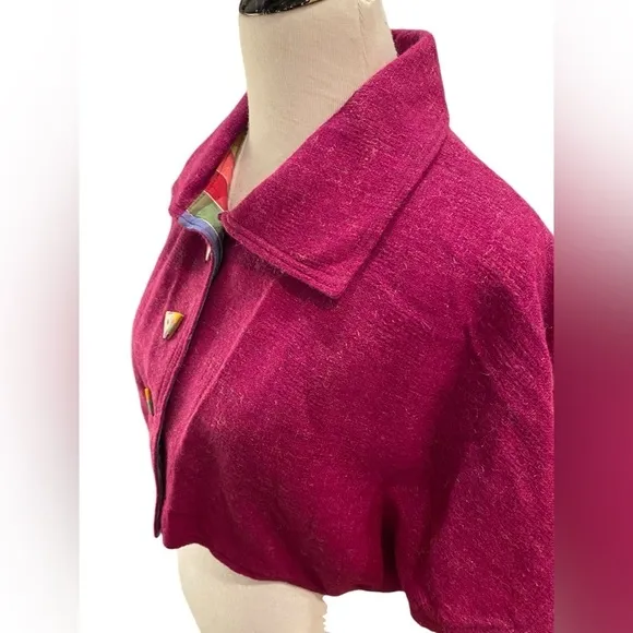 Frippery Women's Collared Magenta Color w/Plaid Lining Capelet w/Funky Buttons