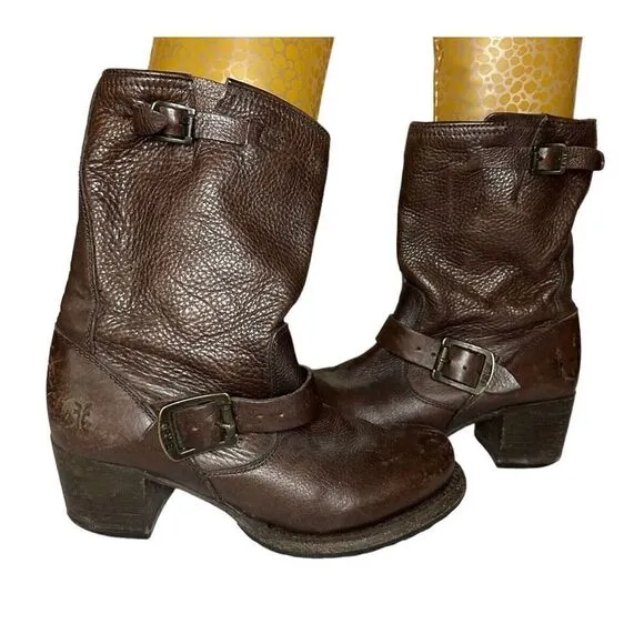 Frye 76295 Vera Short Engineer Motorcycle Brown Belted Leather Boots Womens 6 B