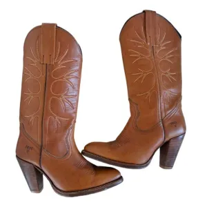 FRYE Cowboy Boots Women's Size 6 Distressed Cognac Brown
