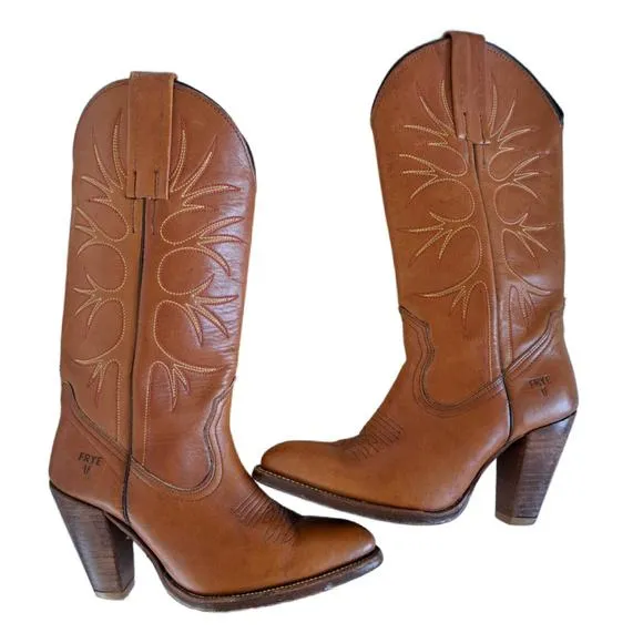 FRYE Cowboy Boots Women's Size 6 Distressed Cognac Brown