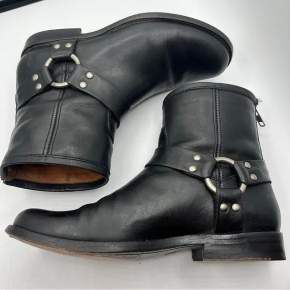 Frye Phillip Harness Short boots booties black leather back zipper closure sz 7