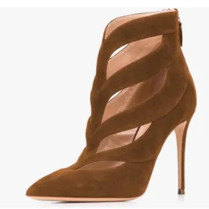 FSJ Brown Cutout Ankle Booties Pointed Toe high Heels Back Zipper Party Shoes