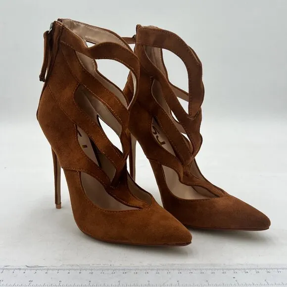 FSJ Brown Cutout Ankle Booties Pointed Toe high Heels Back Zipper Party Shoes