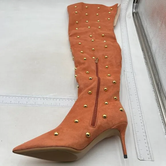 FSJ Women Studded Stiletto High Heel Over the Knee Boots Pointed Toe Brown Boots