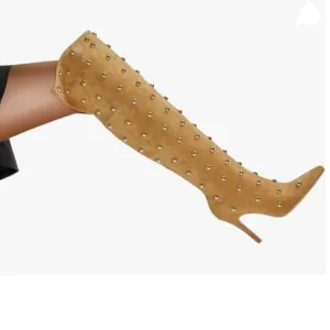 FSJ Women Studded Stiletto High Heel Over the Knee Boots Pointed Toe Brown Boots