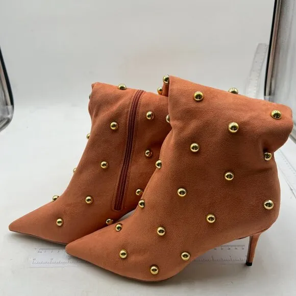 FSJ Women Studded Stiletto High Heel Over the Knee Boots Pointed Toe Brown Boots