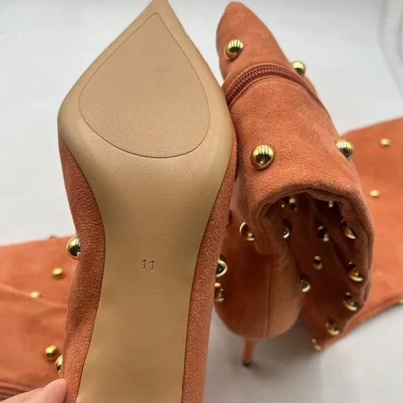 FSJ Women Studded Stiletto High Heel Over the Knee Boots Pointed Toe Brown Boots