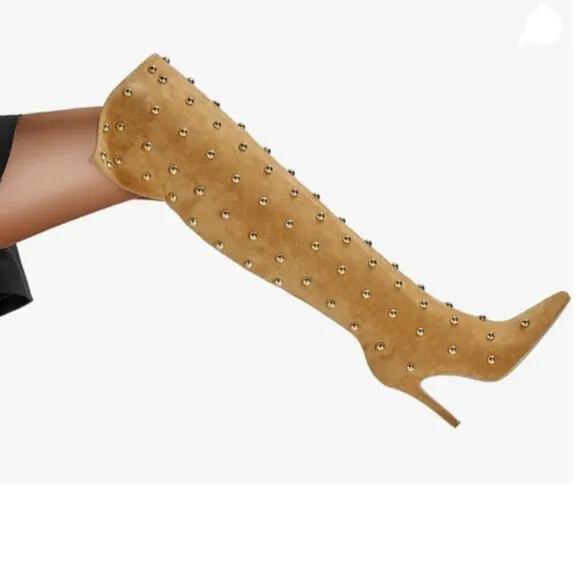 FSJ Women Studded Stiletto High Heel Over the Knee Boots Pointed Toe Brown Boots