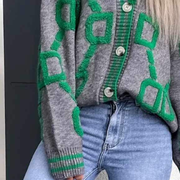 Fuzzy Varsity Cardigan Letterman Contrast Raised Long Sleeve Knit Button-Up Top