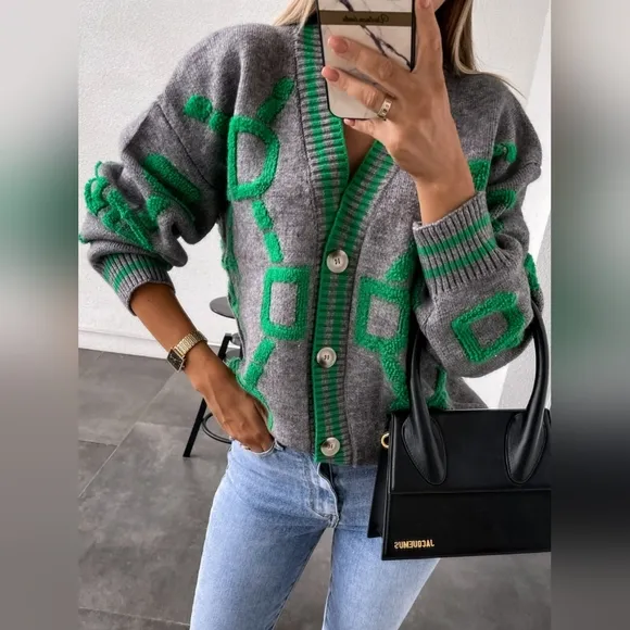 Fuzzy Varsity Cardigan Letterman Contrast Raised Long Sleeve Knit Button-Up Top