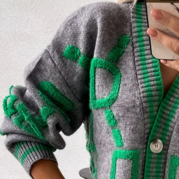 Fuzzy Varsity Cardigan Letterman Contrast Raised Long Sleeve Knit Button-Up Top