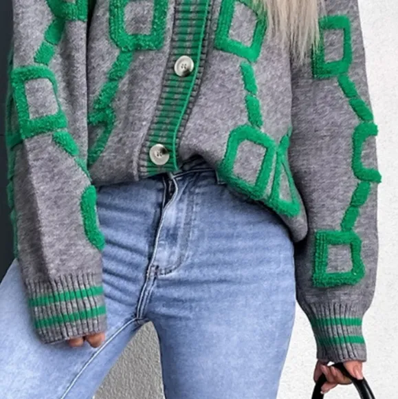 Fuzzy Varsity Cardigan Letterman Contrast Raised Long Sleeve Knit Button-Up Top