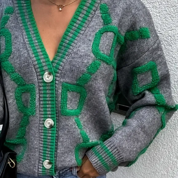 Fuzzy Varsity Cardigan Letterman Contrast Raised Long Sleeve Knit Button-Up Top