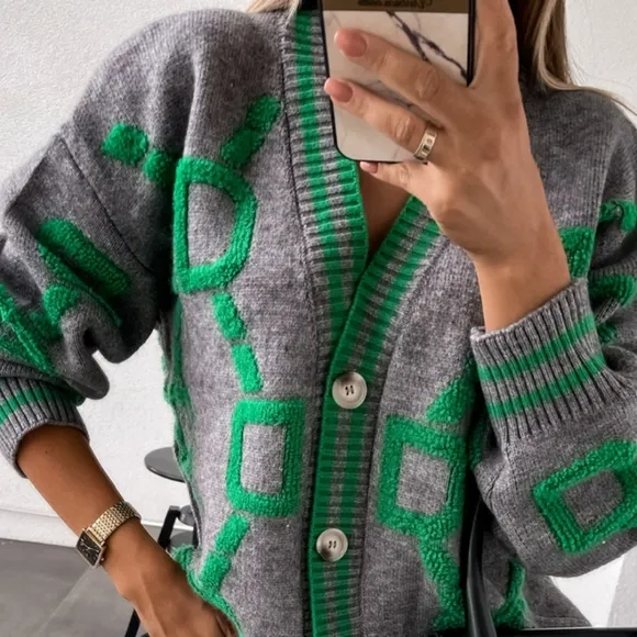 Fuzzy Varsity Cardigan Letterman Contrast Raised Long Sleeve Knit Button-Up Top