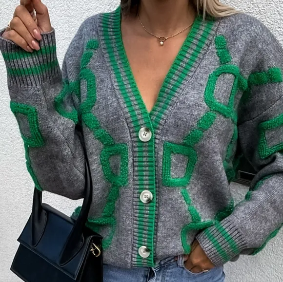Fuzzy Varsity Cardigan Letterman Contrast Raised Long Sleeve Knit Button-Up Top