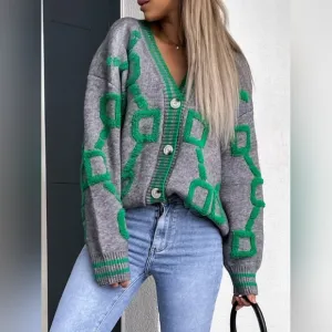 Fuzzy Varsity Cardigan Letterman Contrast Raised Long Sleeve Knit Button-Up Top
