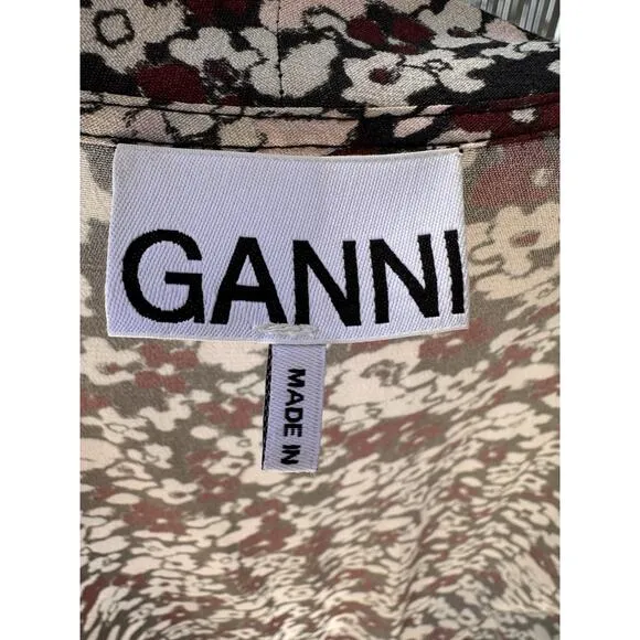 GANNI Floral Printed Crêpe Wrap Midi Dress Sz 34 (US 2) $265 Balloon Sleeves