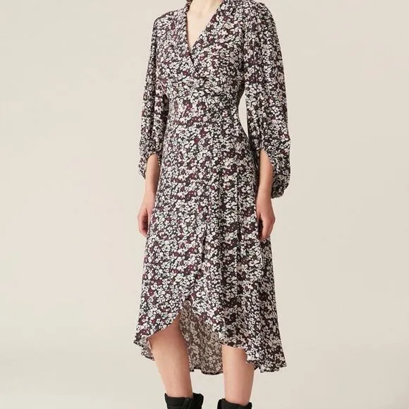 GANNI Floral Printed Crêpe Wrap Midi Dress Sz 34 (US 2) $265 Balloon Sleeves