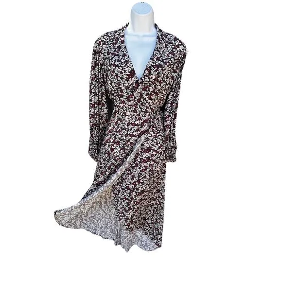 GANNI Floral Printed Crêpe Wrap Midi Dress Sz 34 (US 2) $265 Balloon Sleeves