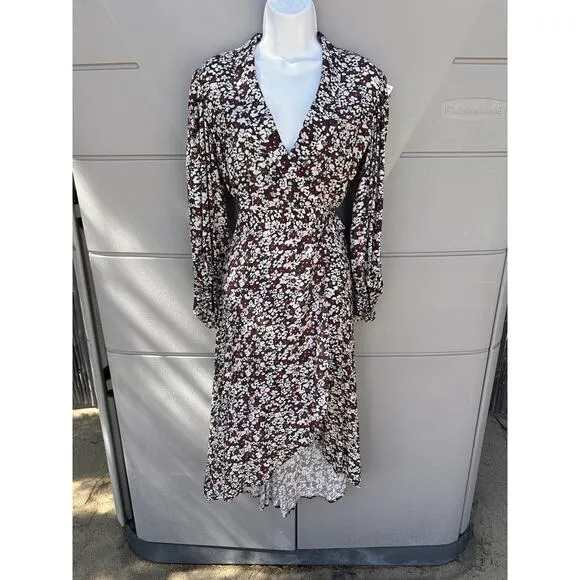 GANNI Floral Printed Crêpe Wrap Midi Dress Sz 34 (US 2) $265 Balloon Sleeves
