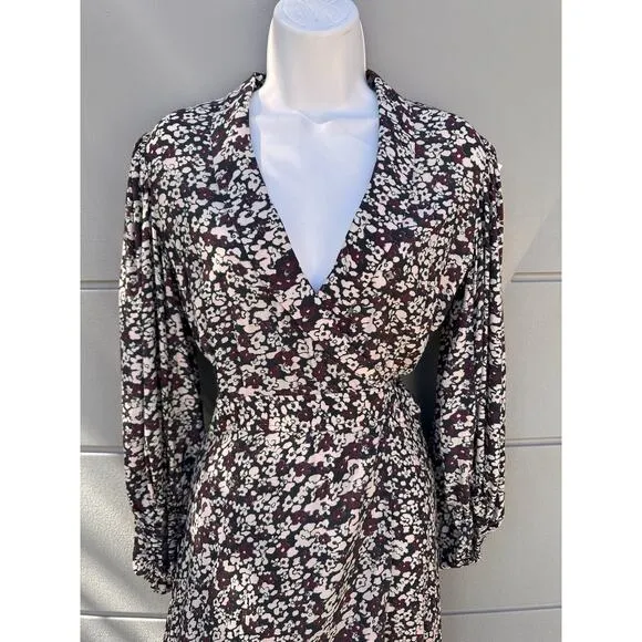 GANNI Floral Printed Crêpe Wrap Midi Dress Sz 34 (US 2) $265 Balloon Sleeves