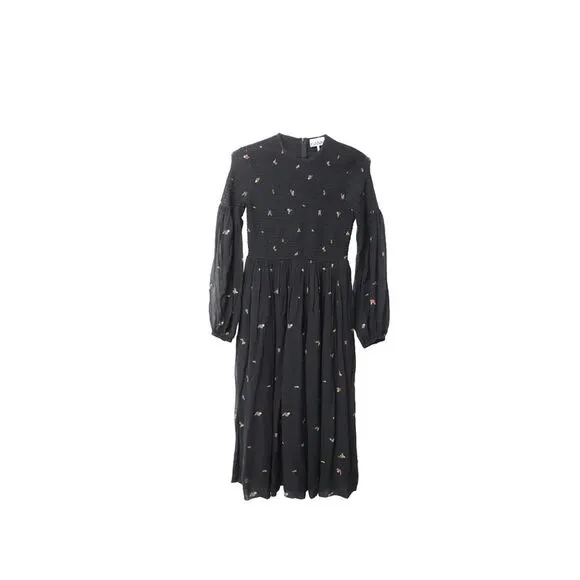 Ganni Smocked Floral-Print Georgette Midi Dress in Black Viscose