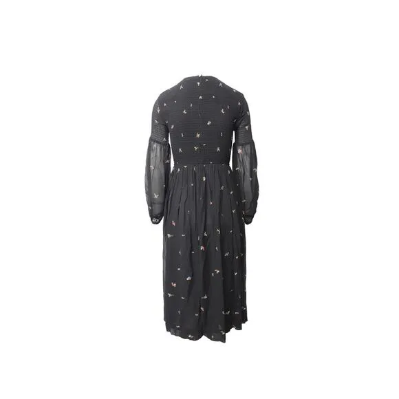 Ganni Smocked Floral-Print Georgette Midi Dress in Black Viscose