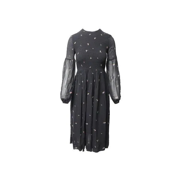 Ganni Smocked Floral-Print Georgette Midi Dress in Black Viscose