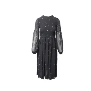 Ganni Smocked Floral-Print Georgette Midi Dress in Black Viscose
