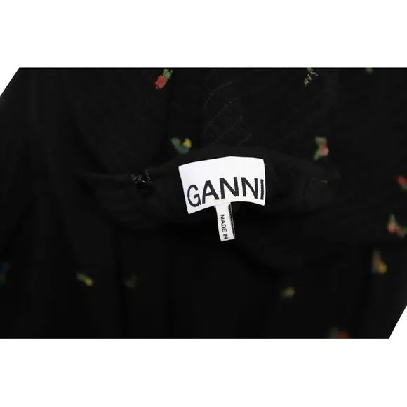 Ganni Smocked Floral-Print Georgette Midi Dress in Black Viscose