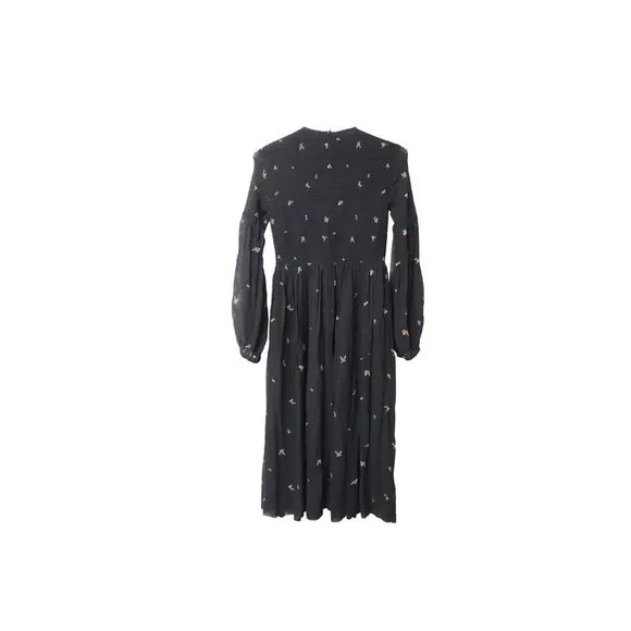 Ganni Smocked Floral-Print Georgette Midi Dress in Black Viscose